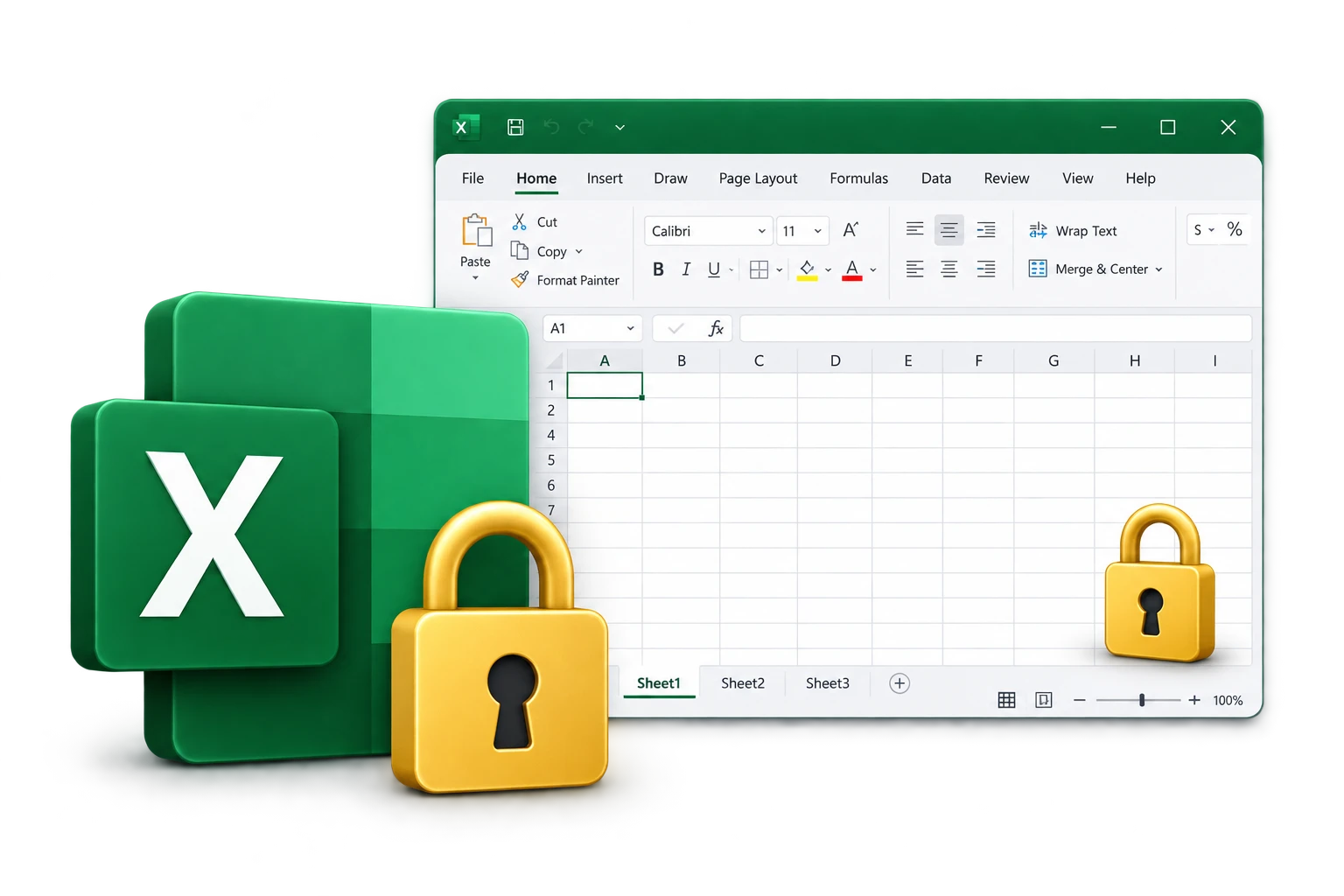 Conceptual illustration of a spreadsheet window and a workbook icon with gold padlocks in front.