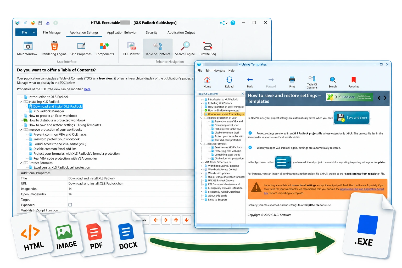 Composite illustration of the HTML Executable editor and ebook reader, with HTML, image, PDF and DOCX file icons connected by an arrow to an .EXE file.