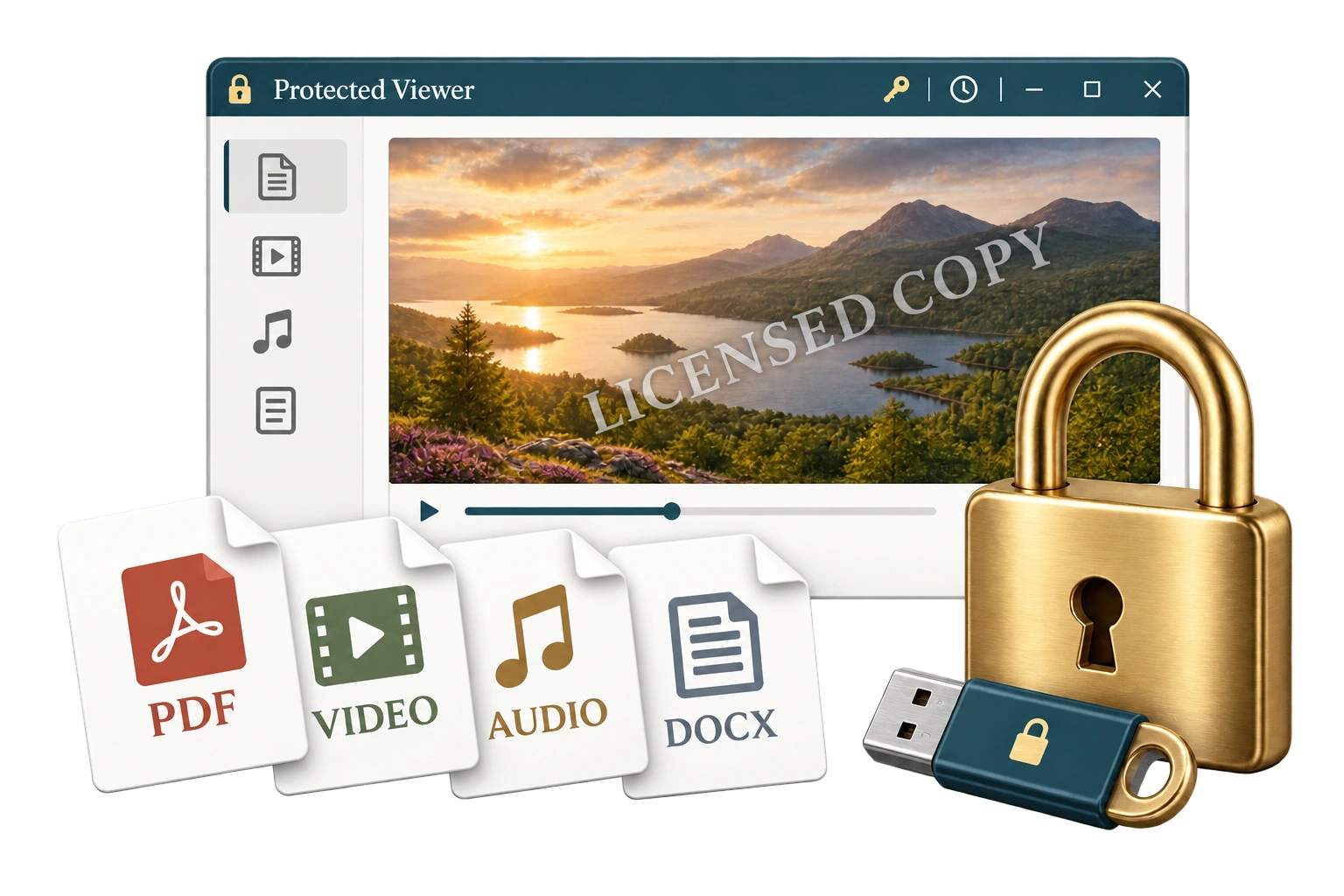 Conceptual illustration of an offline protected viewer playing a watermarked video, with PDF, video, audio and DOCX file icons, a gold padlock and a USB security dongle.