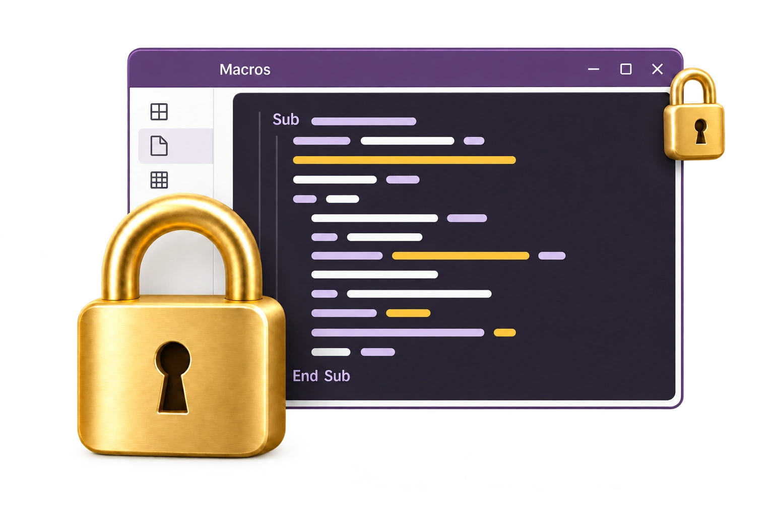 Conceptual illustration of a macro code editor with document icons, a large gold padlock in front and a smaller padlock at the upper right.