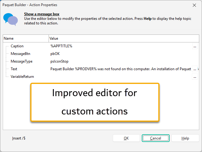The modernized Action Properties editor in Paquet Builder 2026.3, showing a Show a Message Box action with Name and Value property rows and an edit button on each row