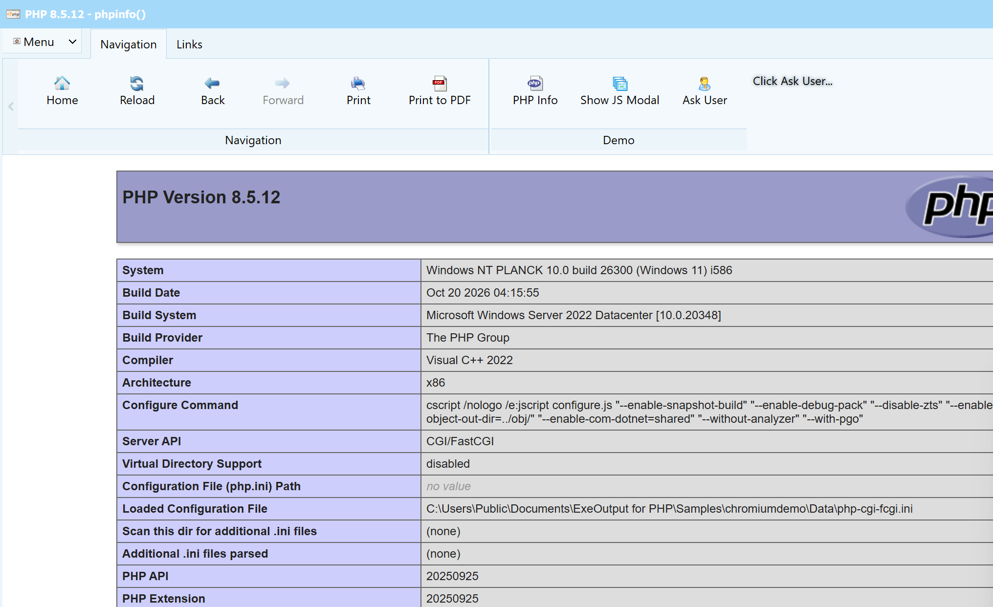 phpinfo() of an ExeOutput for PHP application running the patched PHP 8.5.12 runtime, built on October 20, 2026