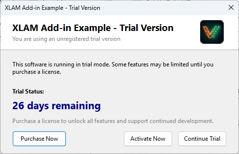XLAM Add-in trial version dialog showing trial status with 26 days remaining and options to Purchase Now, Activate Now, or Continue Trial