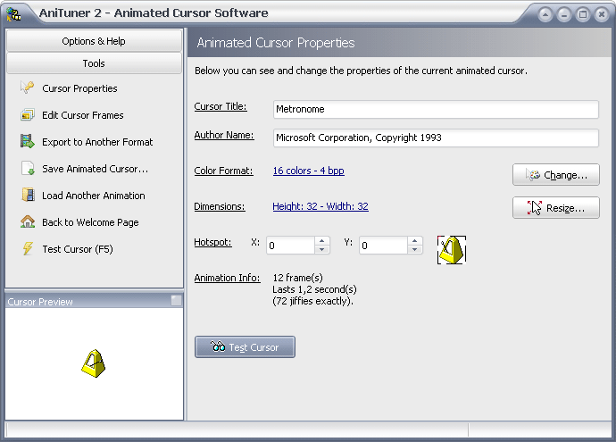 The Animated Cursor Properties page of AniTuner: title, author, color format, dimensions, hot spot and the Test Cursor button
