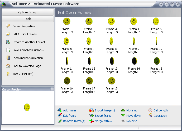 The Edit Cursor Frames page of AniTuner, with the frames of a cursor, their length and the Import, Edit, Move and Set Length links