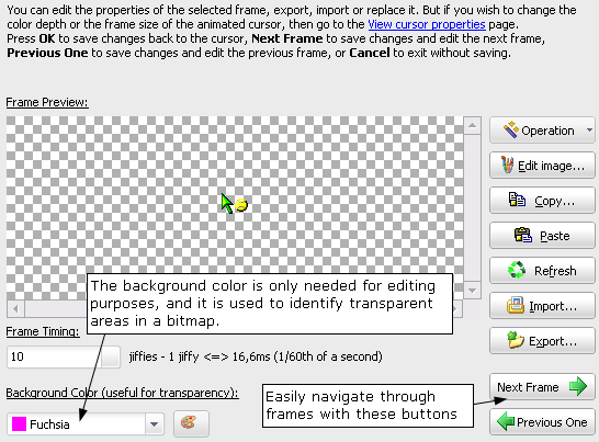 The frame editor of AniTuner: frame preview, timing in jiffies, background color and the Operation, Edit image, Copy, Paste, Import and Export buttons
