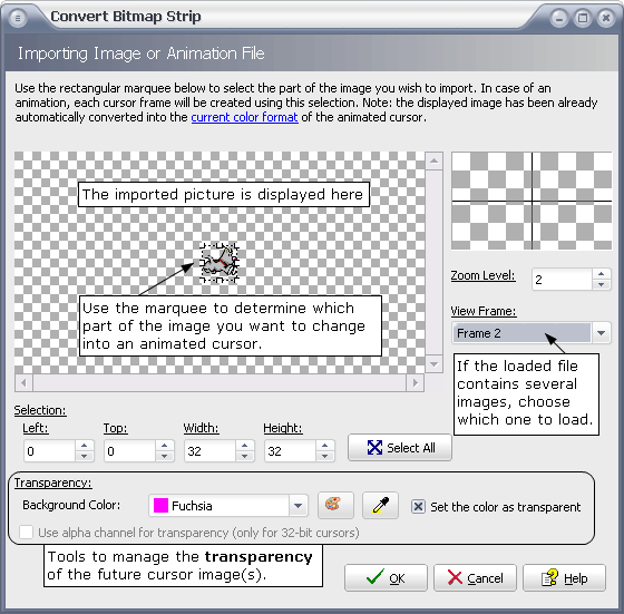 The Import Image dialog of AniTuner: selection rectangle, frame to view, zoom and transparent background color