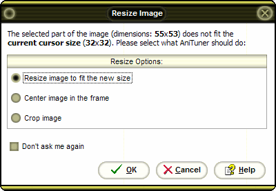 The Resize Image dialog: resize the image to the cursor size, center it in the frame or crop it