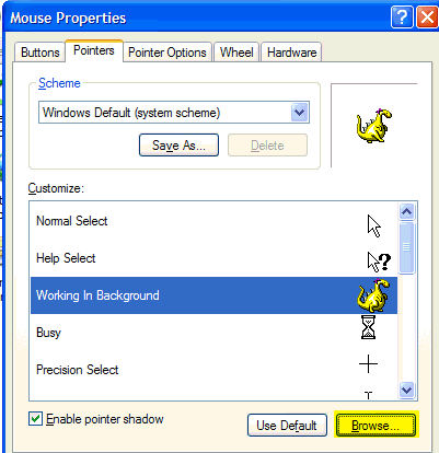 The Pointers tab of the Windows mouse settings, where a pointer is replaced by the new .ani file