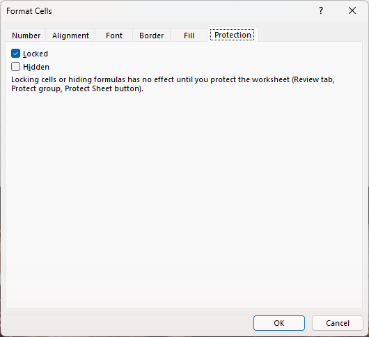 The Protection tab of the Format Cells dialog in Excel, with the Locked and Hidden boxes