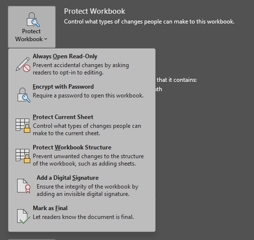 The Protect Workbook menu on the Info page of Excel: Always Open Read-Only, Encrypt with Password, Protect Current Sheet, Protect Workbook Structure, Add a Digital Signature, Mark as Final