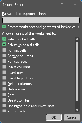 The Protect Sheet dialog in Excel: the password and the list of actions users are still allowed