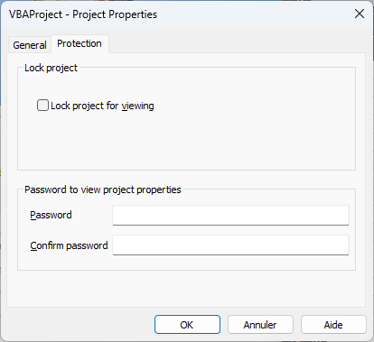 The Protection tab of the VBAProject Properties dialog in the Visual Basic Editor, with Lock project for viewing