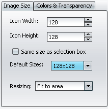 The Image Size tab: width and height of the icon image, the Default Sizes list and the Center, Crop and Fit to area choices