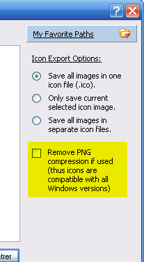 The icon export options of the Save As dialog: all images in one .ico file, the selected image only, or one file per image, and the Remove PNG compression box
