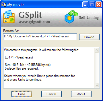 GUnite, the free uniting tool shipped with GSplit, with the first piece selected
