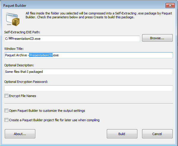 Paquet Builder dialog: Self-Extracting EXE path, window title, description