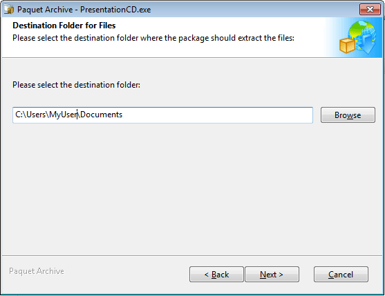 Self-Extracting archive wizard: Destination Folder for Files step