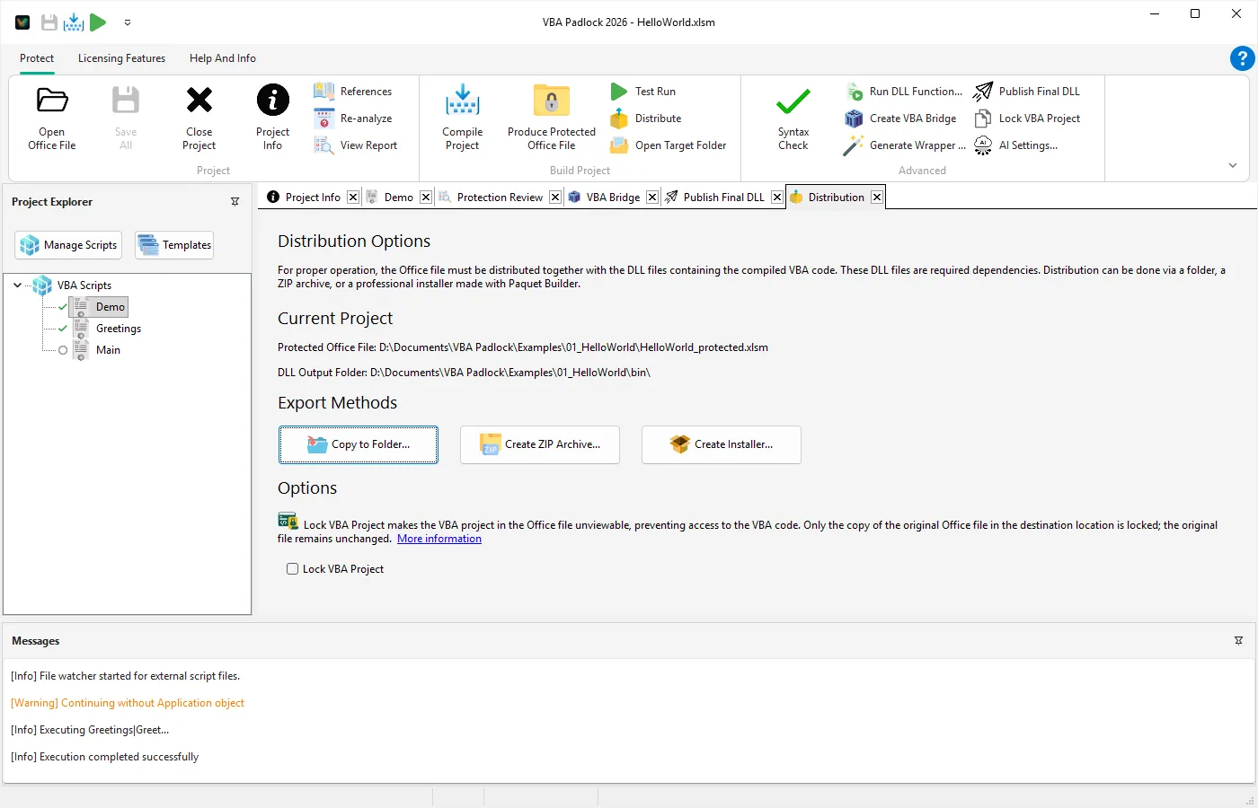 The Distribution tab of VBA Padlock Studio, which packages the protected file with its runtime