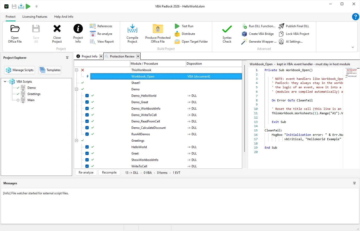 The Protection Review of VBA Padlock Studio: each procedure moves to the DLL or stays in VBA