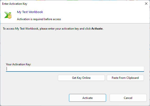 What the customer sees: the compiled workbook asks for an activation key before it opens