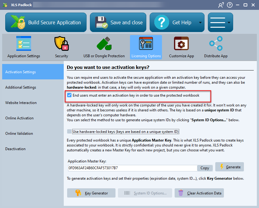 The Licensing Options page of XLS Padlock, with the activation key requirement enabled