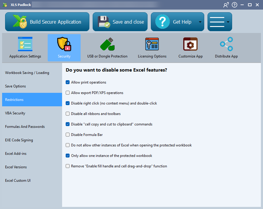 The Restrictions page of XLS Padlock: printing, PDF export, right-click, clipboard copy, the formula bar and the ribbons can each be disabled