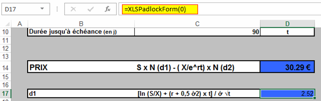 A protected cell in the compiled workbook: the formula bar shows a protected call, =XLSPadlockForm(0), instead of the formula
