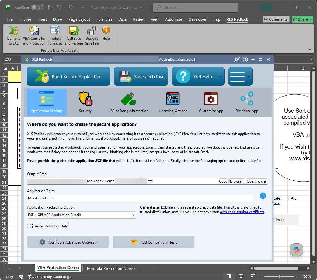 XLS Padlock opened from its Excel ribbon tab, on the Application Settings page where the EXE path, the title and the packaging are set