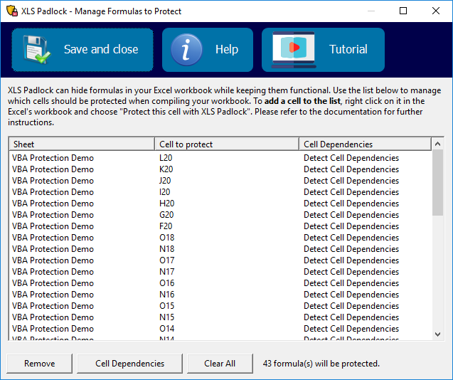 The Manage Formulas to Protect window: the list of cells whose formulas are protected, filled from the right-click menu in Excel