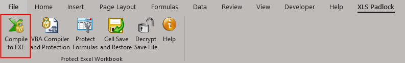 The XLS Padlock tab in the Excel ribbon, with the Compile to EXE button