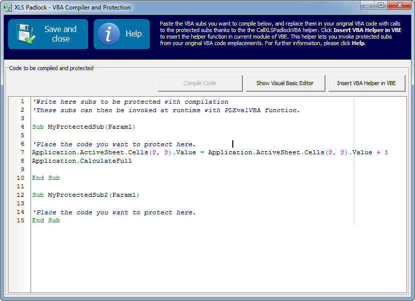 The VBA Compiler and Protection window of XLS Padlock, where the subs to compile are pasted