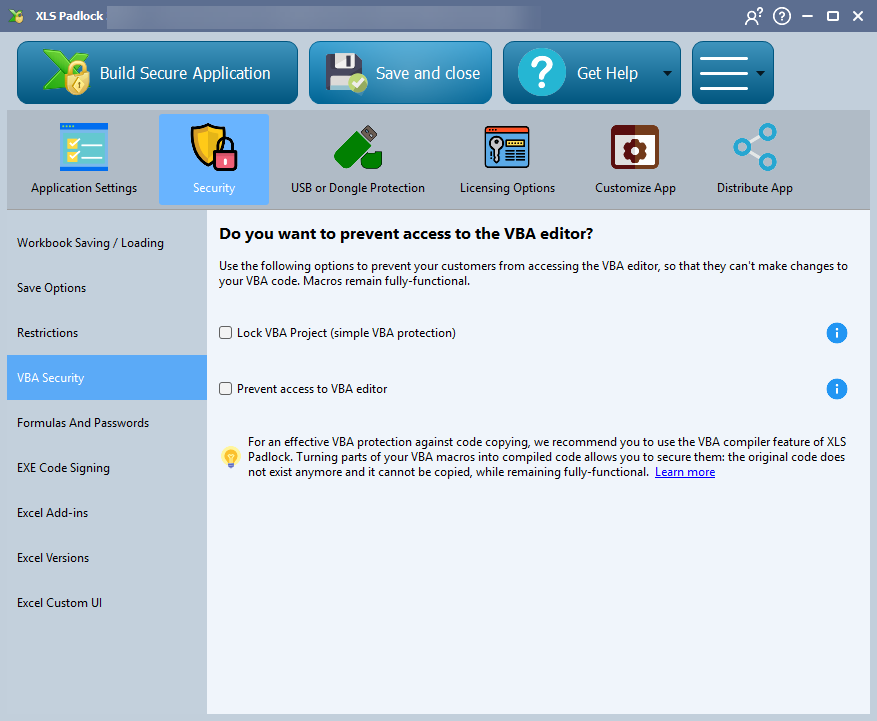 The VBA Security page: lock the VBA project or prevent access to the VBA editor