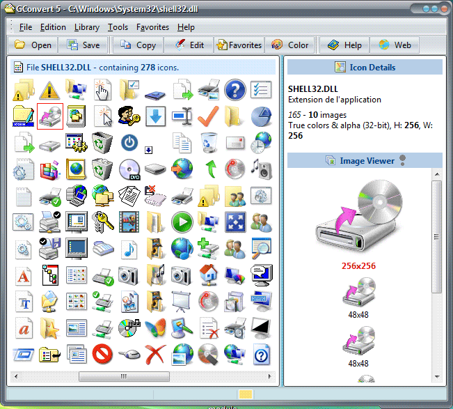 GConvert displaying an icon collection extracted from Windows shell32.dll.