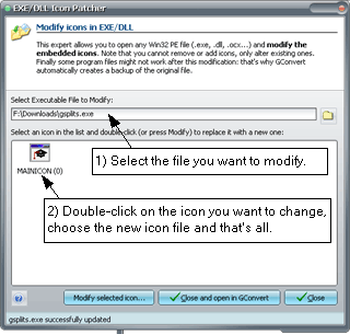 Replace Icons in EXE / DLL — GConvert window