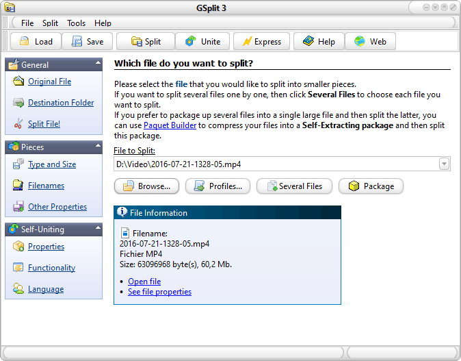 GSplit application screenshot: choosing a file to split into smaller pieces.