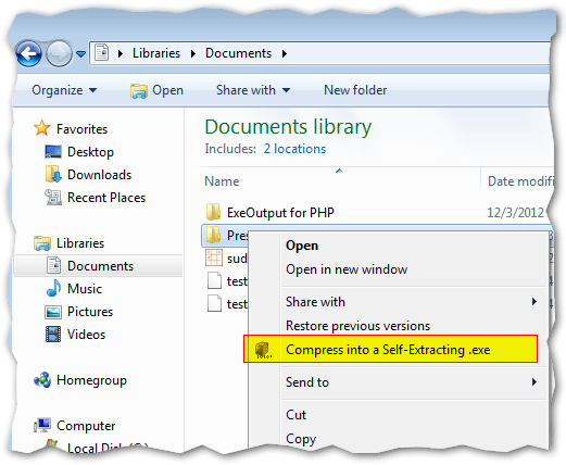 Right-click on files or folders and choose "Compress into a Self-Extracting exe"